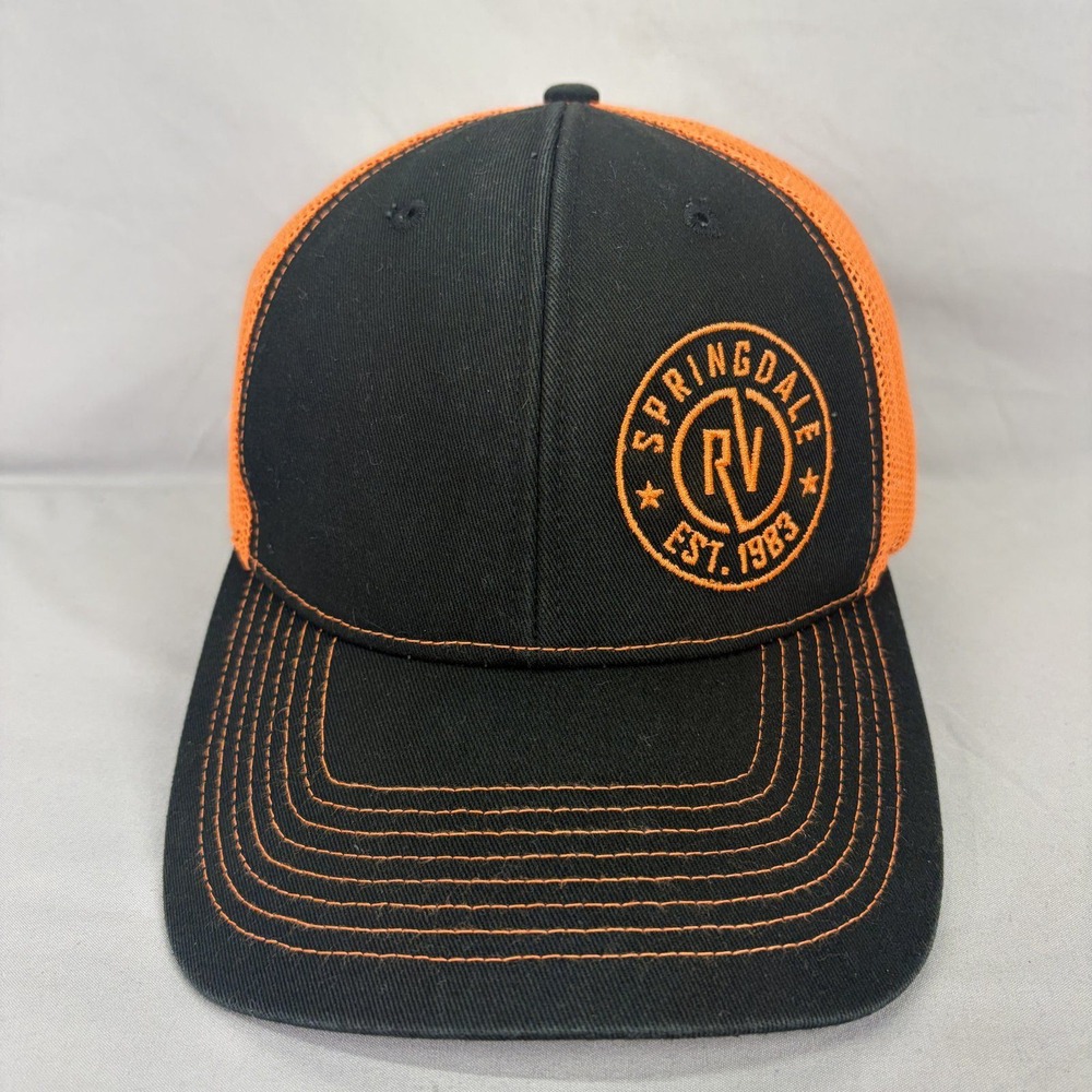 Outdoor Cap Trucker Hat Springdale RV Mens OSFA Black Orange Mesh Snapback